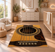 acoustic guitar soundhole rug in a nursery beside a crib and dresser