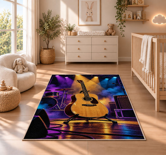 acoustic guitar spotlight stage rug in a nursery beside a crib and dresser