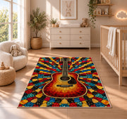 guitar pick mosaic rug in a nursery beside a crib and dresser