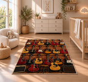 guitar shop wall rug in a nursery beside a crib and dresser