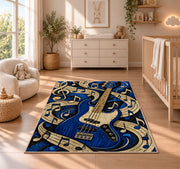 blue bass guitar rug in a nursery beside a crib and dresser