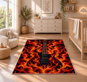 flaming electric guitar rug in a nursery beside a crib and dresser