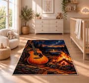 campfire guitar night rug in a nursery beside a crib and dresser
