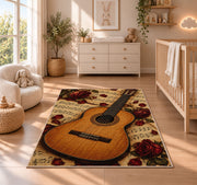 classical guitar sheet music rug in a nursery beside a crib and dresser