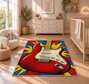 pop art electric guitar rug in a nursery beside a crib and dresser