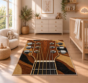 guitar headstock rug in a nursery beside a crib and dresser