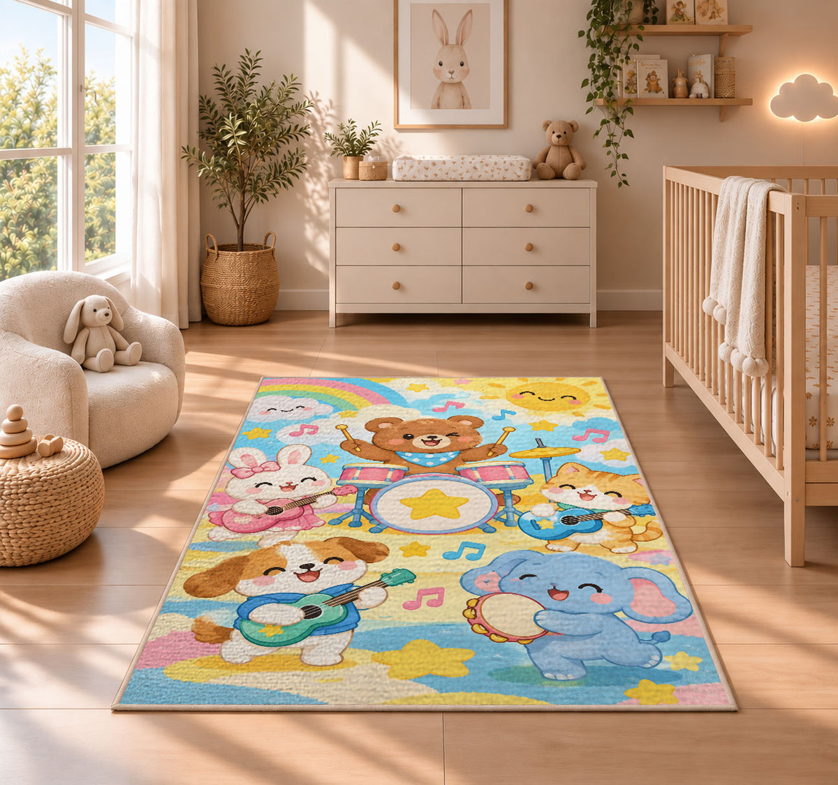 kids animal band rug in a nursery beside a crib and dresser