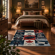 Classic Hockey Collage Rug displayed in a bedroom corner