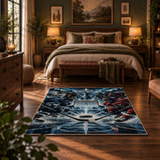 Electric Ice Hockey Puck Rug displayed in a bedroom corner