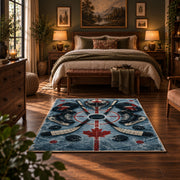 Maple Leaf Hockey Rink Rug displayed in a bedroom corner