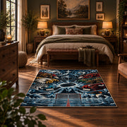 Hockey Goal and Players Collage Rug displayed in a bedroom corner