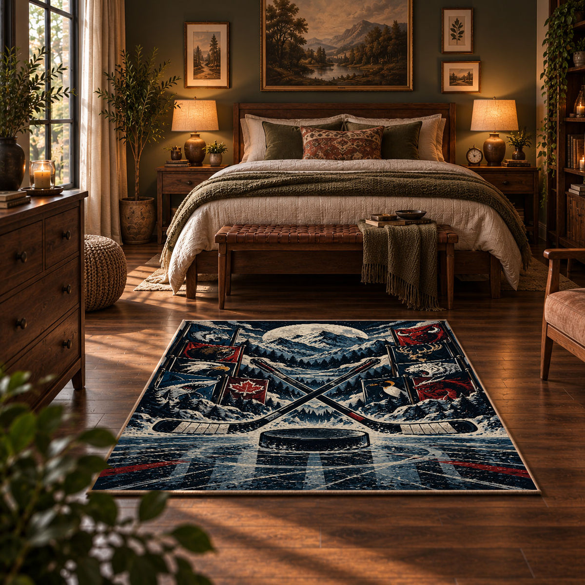 Mountain Hockey Puck Rug displayed in a bedroom corner