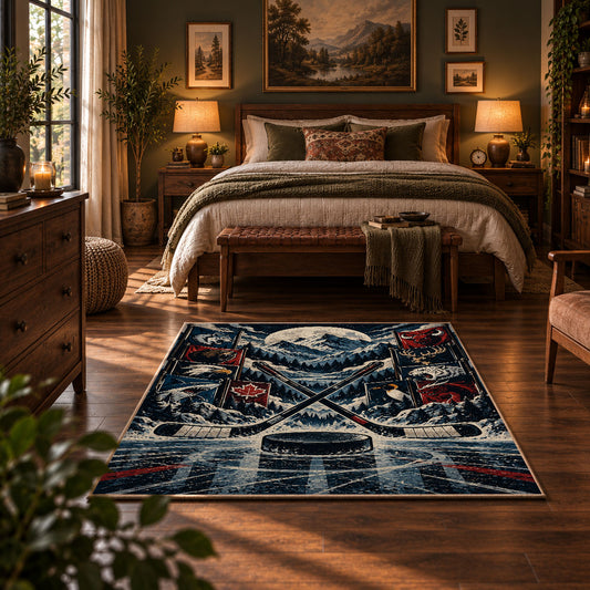 Mountain Hockey Puck Rug displayed in a bedroom corner