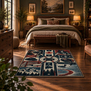 Hockey Arena Panel Collage Rug displayed in a bedroom corner