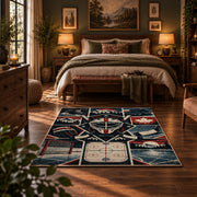 Hockey Gear and Rink Collage Rug displayed in a bedroom corner
