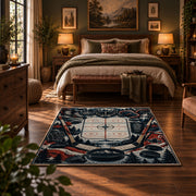 Crossed Hockey Sticks and Puck Rug displayed in a bedroom corner