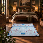 Classic Ice Hockey Rink Diagram Rug displayed in a bedroom corner