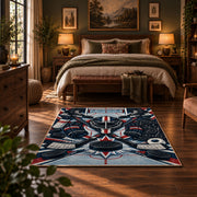 Hockey Puck and Crossed Sticks Emblem Rug displayed in a bedroom corner