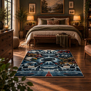 Mountain Hockey Compass Rug displayed in a bedroom corner