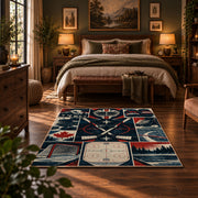 Hockey Rink Panel Collage Rug displayed in a bedroom corner