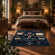 Hockey Equipment Lineup Rug displayed in a bedroom corner