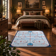 Bright Classic Hockey Rink Rug displayed in a bedroom corner