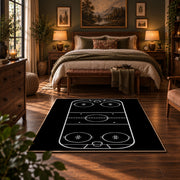 Minimal Black Hockey Rink Rug displayed in a bedroom corner