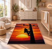 lineman climbing pole silhouette rug in a nursery beside a crib and dresser