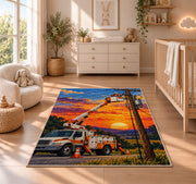 bucket truck lineman rug in a nursery beside a crib and dresser