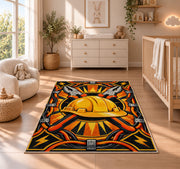 lineman hard hat emblem rug in a nursery beside a crib and dresser