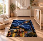 storm lineman bucket truck rug in a nursery beside a crib and dresser