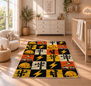 checkered lineman icons rug in a nursery beside a crib and dresser