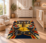lineman badge rug in a nursery beside a crib and dresser