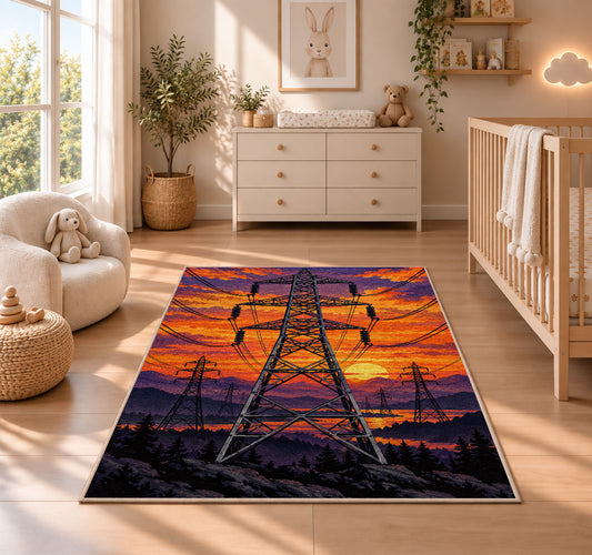 high voltage tower sunset rug in a nursery beside a crib and dresser