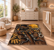 lineman climbing gear rug in a nursery beside a crib and dresser