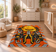 safety orange lineman rug in a nursery beside a crib and dresser