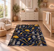 power lines and lightning pattern rug in a nursery beside a crib and dresser