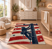 patriotic lineman silhouette rug in a nursery beside a crib and dresser