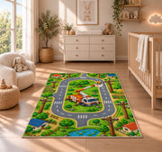 kids lineman road play rug in a nursery beside a crib and dresser