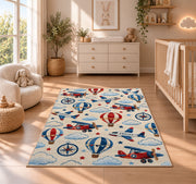 Airplane Pattern Rug in a nursery beside a crib and dresser