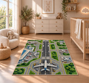 Airport Runway Rug in a nursery beside a crib and dresser
