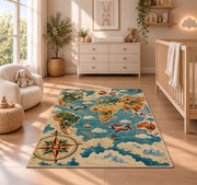 Vintage World Map Rug in a nursery beside a crib and dresser