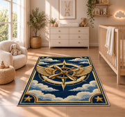 Pilot Wings Rug in a nursery beside a crib and dresser