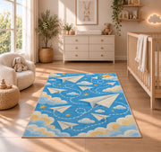Paper Airplane Rug in a nursery beside a crib and dresser