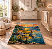 Seaplane Lake Rug in a nursery beside a crib and dresser