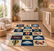 Retro Airplane Checkered Rug in a nursery beside a crib and dresser