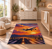 Jet Takeoff Sunset Rug in a nursery beside a crib and dresser