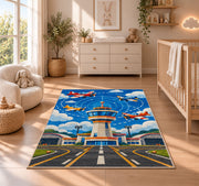 Control Tower Rug in a nursery beside a crib and dresser