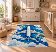 Airplane Top View Rug in a nursery beside a crib and dresser