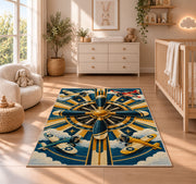 Art Deco Propeller Rug in a nursery beside a crib and dresser